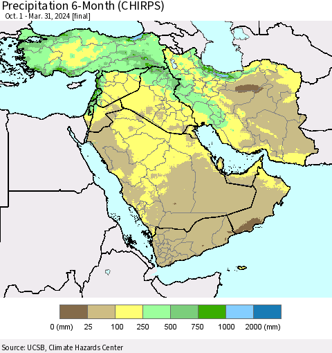 Middle East and Turkey Precipitation 6-Month (CHIRPS) Thematic Map For 10/1/2023 - 3/31/2024