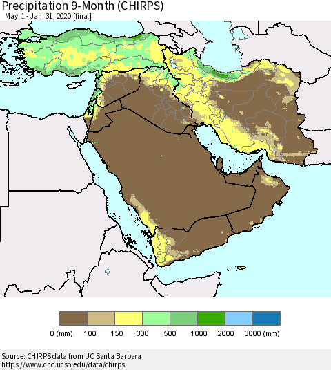 Middle East and Turkey Precipitation 9-Month (CHIRPS) Thematic Map For 5/1/2019 - 1/31/2020