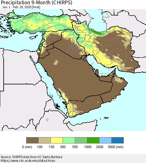 Middle East and Turkey Precipitation 9-Month (CHIRPS) Thematic Map For 6/1/2019 - 2/29/2020