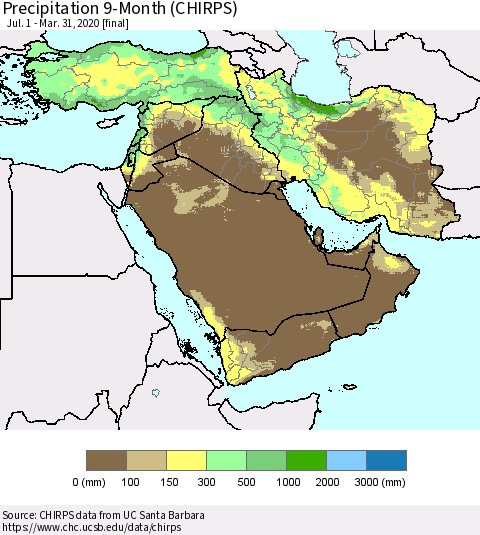 Middle East and Turkey Precipitation 9-Month (CHIRPS) Thematic Map For 7/1/2019 - 3/31/2020