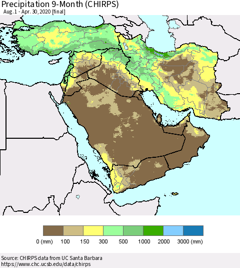 Middle East and Turkey Precipitation 9-Month (CHIRPS) Thematic Map For 8/1/2019 - 4/30/2020