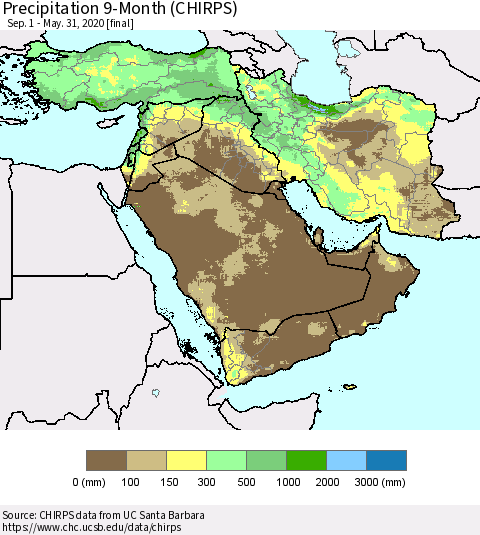 Middle East and Turkey Precipitation 9-Month (CHIRPS) Thematic Map For 9/1/2019 - 5/31/2020