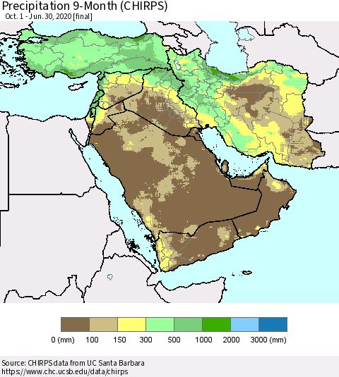Middle East and Turkey Precipitation 9-Month (CHIRPS) Thematic Map For 10/1/2019 - 6/30/2020