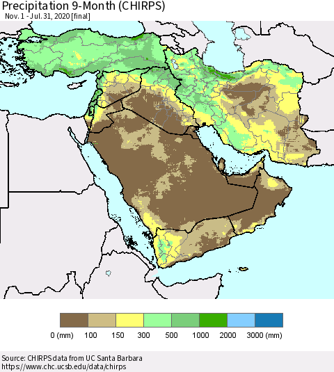 Middle East and Turkey Precipitation 9-Month (CHIRPS) Thematic Map For 11/1/2019 - 7/31/2020