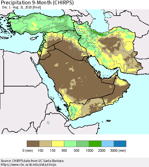 Middle East and Turkey Precipitation 9-Month (CHIRPS) Thematic Map For 12/1/2019 - 8/31/2020