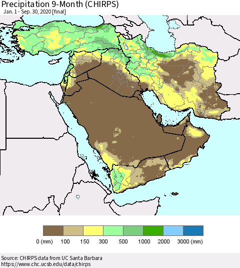 Middle East and Turkey Precipitation 9-Month (CHIRPS) Thematic Map For 1/1/2020 - 9/30/2020