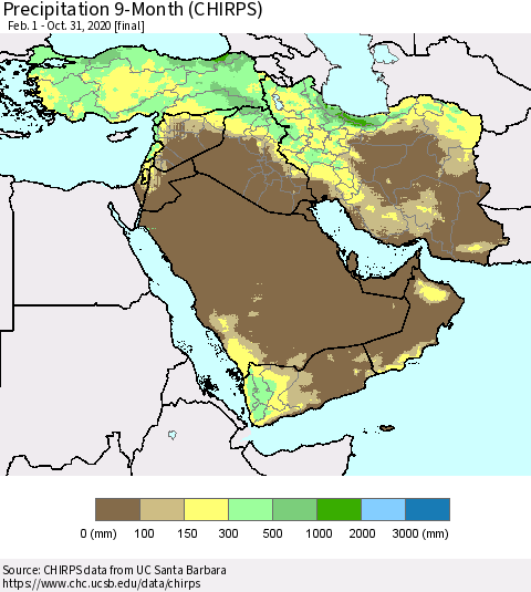 Middle East and Turkey Precipitation 9-Month (CHIRPS) Thematic Map For 2/1/2020 - 10/31/2020