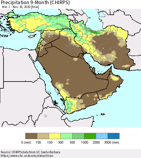 Middle East and Turkey Precipitation 9-Month (CHIRPS) Thematic Map For 3/1/2020 - 11/30/2020