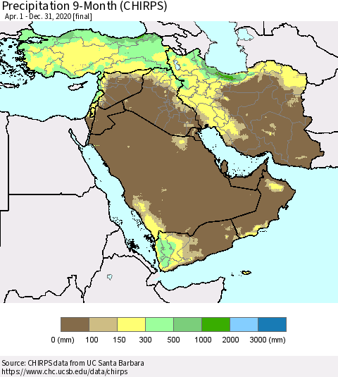 Middle East and Turkey Precipitation 9-Month (CHIRPS) Thematic Map For 4/1/2020 - 12/31/2020