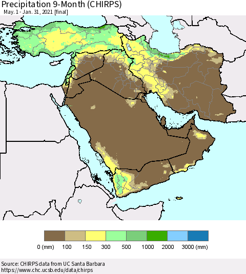 Middle East and Turkey Precipitation 9-Month (CHIRPS) Thematic Map For 5/1/2020 - 1/31/2021