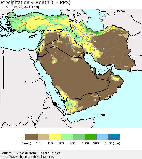 Middle East and Turkey Precipitation 9-Month (CHIRPS) Thematic Map For 6/1/2020 - 2/28/2021