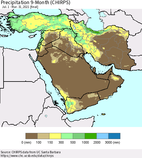 Middle East and Turkey Precipitation 9-Month (CHIRPS) Thematic Map For 7/1/2020 - 3/31/2021