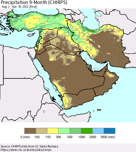 Middle East and Turkey Precipitation 9-Month (CHIRPS) Thematic Map For 8/1/2020 - 4/30/2021