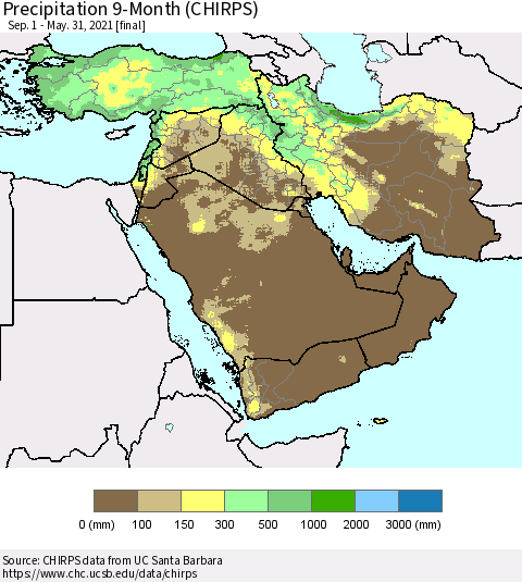 Middle East and Turkey Precipitation 9-Month (CHIRPS) Thematic Map For 9/1/2020 - 5/31/2021