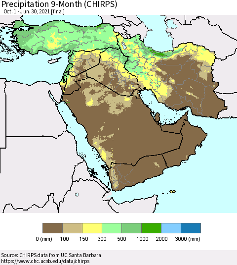 Middle East and Turkey Precipitation 9-Month (CHIRPS) Thematic Map For 10/1/2020 - 6/30/2021