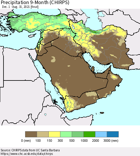 Middle East and Turkey Precipitation 9-Month (CHIRPS) Thematic Map For 12/1/2020 - 8/31/2021