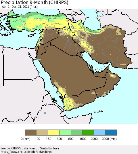 Middle East and Turkey Precipitation 9-Month (CHIRPS) Thematic Map For 4/1/2021 - 12/31/2021