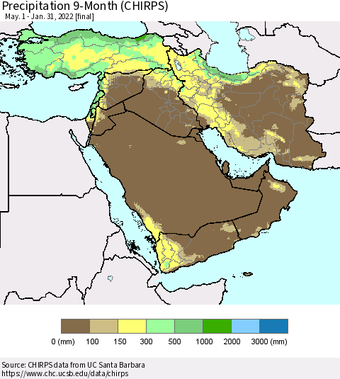 Middle East and Turkey Precipitation 9-Month (CHIRPS) Thematic Map For 5/1/2021 - 1/31/2022