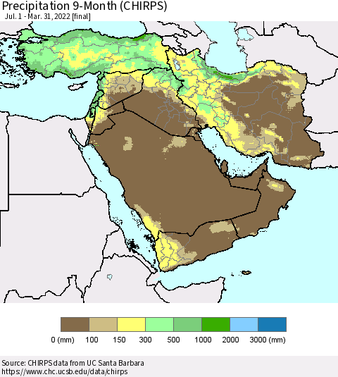 Middle East and Turkey Precipitation 9-Month (CHIRPS) Thematic Map For 7/1/2021 - 3/31/2022