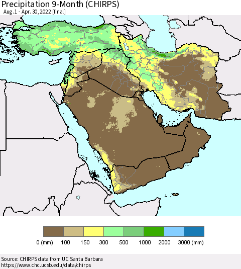 Middle East and Turkey Precipitation 9-Month (CHIRPS) Thematic Map For 8/1/2021 - 4/30/2022