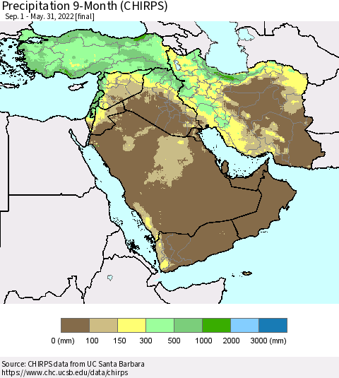 Middle East and Turkey Precipitation 9-Month (CHIRPS) Thematic Map For 9/1/2021 - 5/31/2022