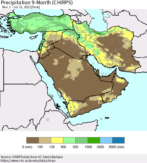 Middle East and Turkey Precipitation 9-Month (CHIRPS) Thematic Map For 11/1/2021 - 7/31/2022