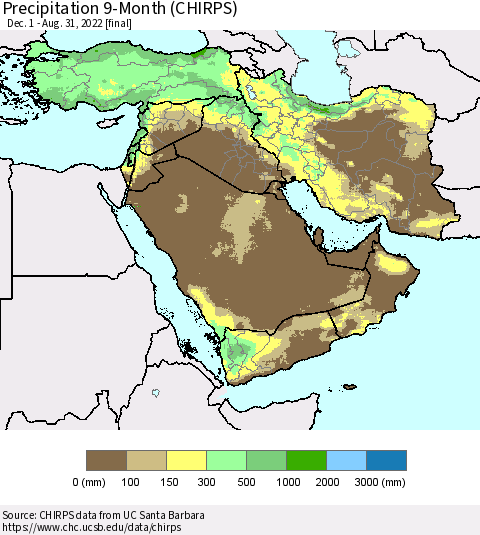 Middle East and Turkey Precipitation 9-Month (CHIRPS) Thematic Map For 12/1/2021 - 8/31/2022