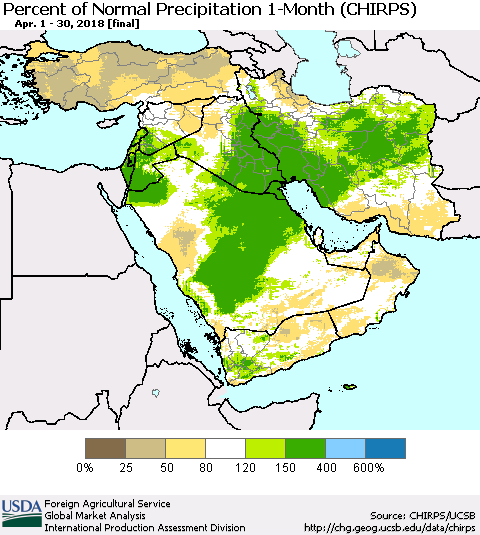 Middle East and Turkey Percent of Normal Precipitation 1-Month (CHIRPS) Thematic Map For 4/1/2018 - 4/30/2018