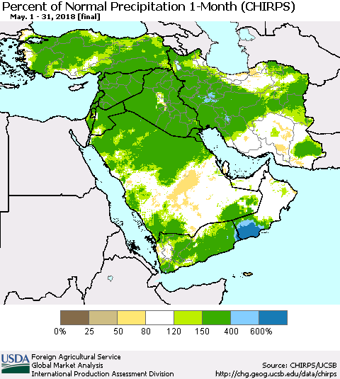 Middle East and Turkey Percent of Normal Precipitation 1-Month (CHIRPS) Thematic Map For 5/1/2018 - 5/31/2018