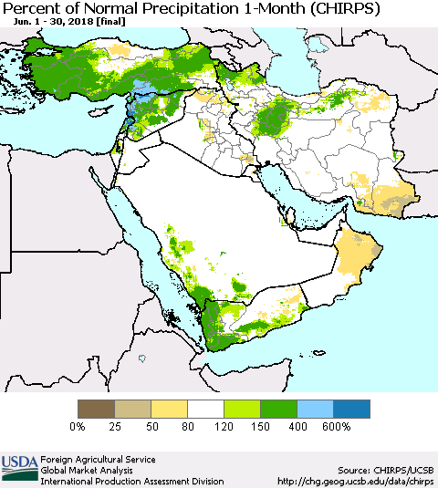 Middle East and Turkey Percent of Normal Precipitation 1-Month (CHIRPS) Thematic Map For 6/1/2018 - 6/30/2018