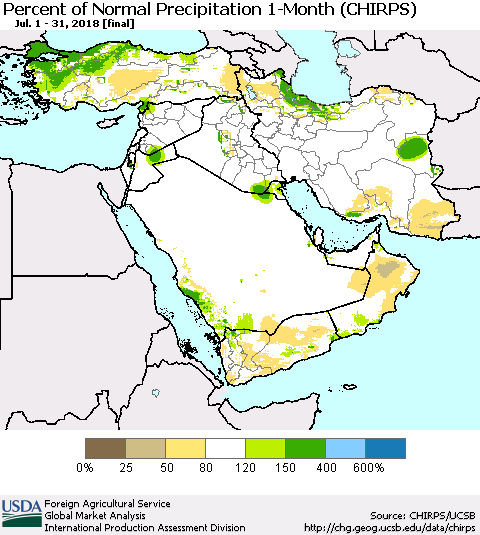 Middle East and Turkey Percent of Normal Precipitation 1-Month (CHIRPS) Thematic Map For 7/1/2018 - 7/31/2018