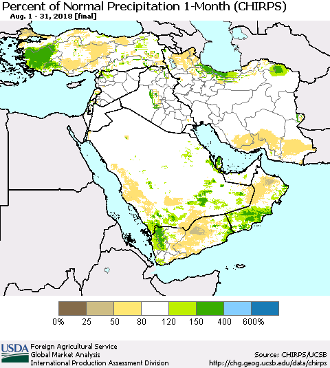Middle East and Turkey Percent of Normal Precipitation 1-Month (CHIRPS) Thematic Map For 8/1/2018 - 8/31/2018