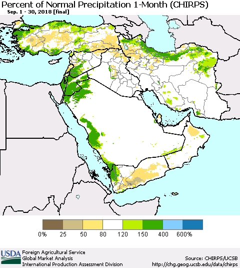 Middle East and Turkey Percent of Normal Precipitation 1-Month (CHIRPS) Thematic Map For 9/1/2018 - 9/30/2018