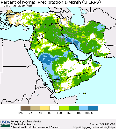 Middle East and Turkey Percent of Normal Precipitation 1-Month (CHIRPS) Thematic Map For 10/1/2018 - 10/31/2018