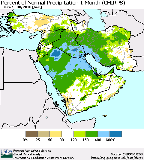 Middle East and Turkey Percent of Normal Precipitation 1-Month (CHIRPS) Thematic Map For 11/1/2018 - 11/30/2018
