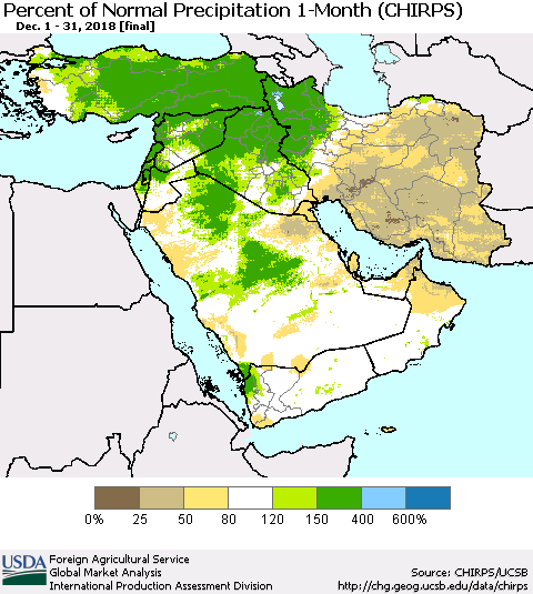 Middle East and Turkey Percent of Normal Precipitation 1-Month (CHIRPS) Thematic Map For 12/1/2018 - 12/31/2018