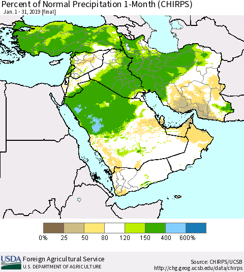 Middle East and Turkey Percent of Normal Precipitation 1-Month (CHIRPS) Thematic Map For 1/1/2019 - 1/31/2019