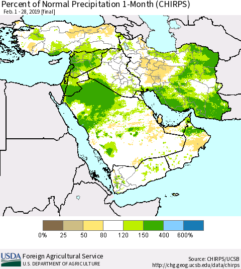 Middle East and Turkey Percent of Normal Precipitation 1-Month (CHIRPS) Thematic Map For 2/1/2019 - 2/28/2019