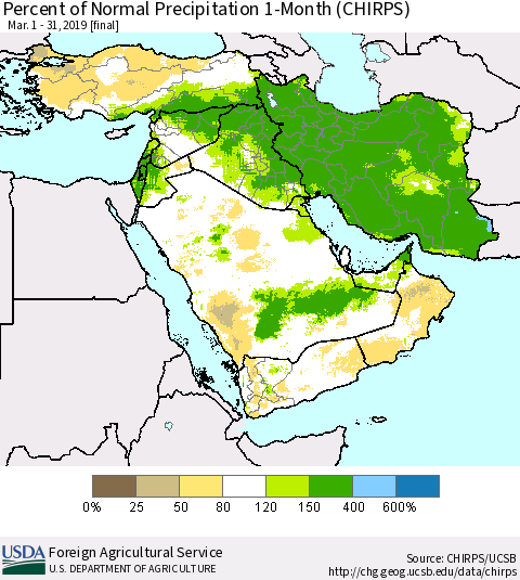 Middle East and Turkey Percent of Normal Precipitation 1-Month (CHIRPS) Thematic Map For 3/1/2019 - 3/31/2019