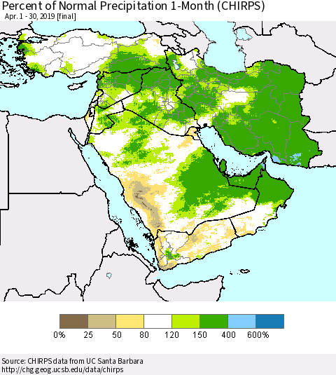 Middle East and Turkey Percent of Normal Precipitation 1-Month (CHIRPS) Thematic Map For 4/1/2019 - 4/30/2019