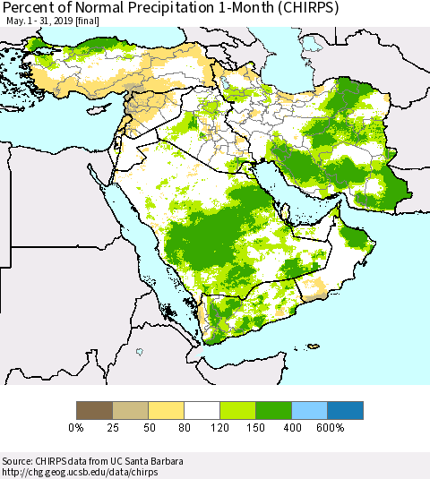 Middle East and Turkey Percent of Normal Precipitation 1-Month (CHIRPS) Thematic Map For 5/1/2019 - 5/31/2019