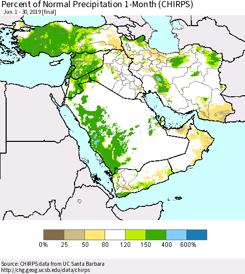 Middle East and Turkey Percent of Normal Precipitation 1-Month (CHIRPS) Thematic Map For 6/1/2019 - 6/30/2019