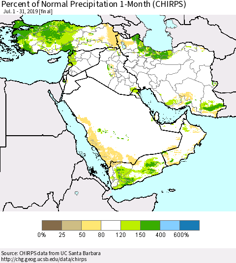 Middle East and Turkey Percent of Normal Precipitation 1-Month (CHIRPS) Thematic Map For 7/1/2019 - 7/31/2019