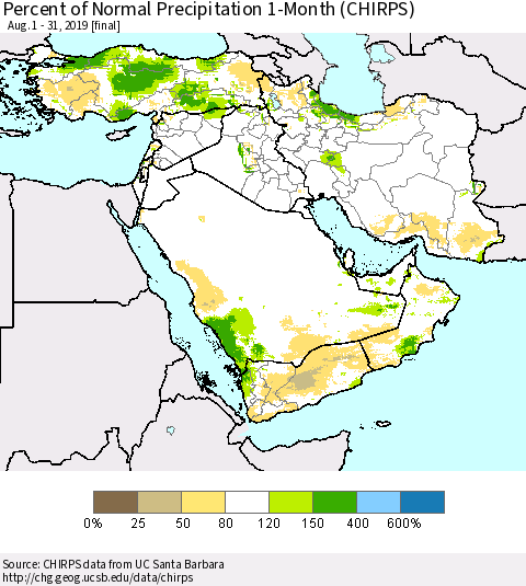 Middle East and Turkey Percent of Normal Precipitation 1-Month (CHIRPS) Thematic Map For 8/1/2019 - 8/31/2019