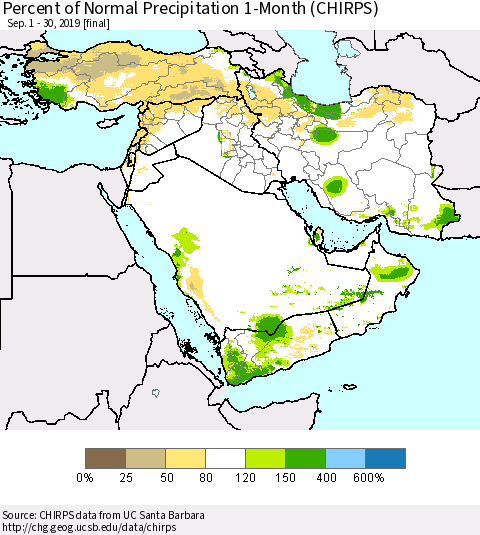 Middle East and Turkey Percent of Normal Precipitation 1-Month (CHIRPS) Thematic Map For 9/1/2019 - 9/30/2019