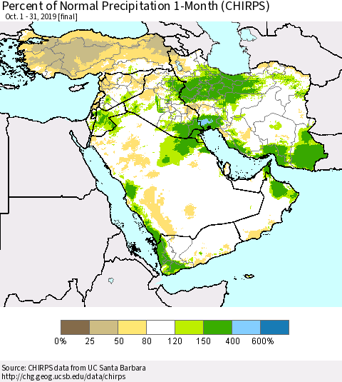 Middle East and Turkey Percent of Normal Precipitation 1-Month (CHIRPS) Thematic Map For 10/1/2019 - 10/31/2019