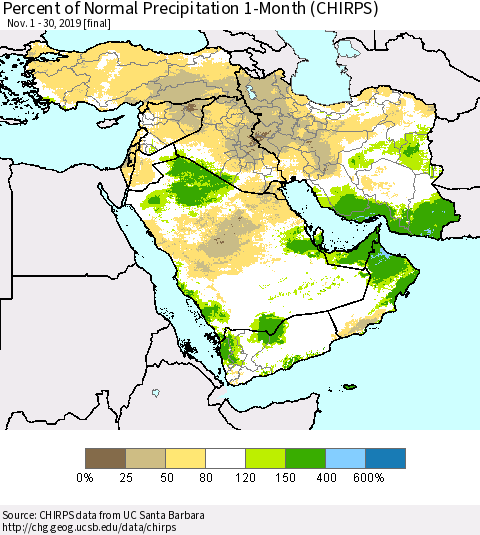 Middle East and Turkey Percent of Normal Precipitation 1-Month (CHIRPS) Thematic Map For 11/1/2019 - 11/30/2019