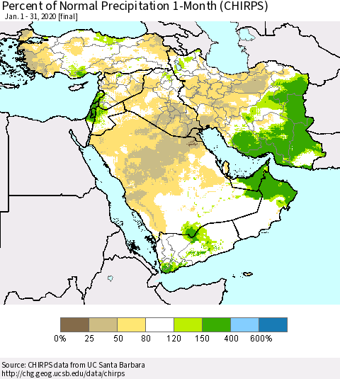 Middle East and Turkey Percent of Normal Precipitation 1-Month (CHIRPS) Thematic Map For 1/1/2020 - 1/31/2020