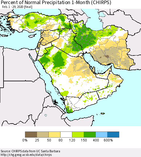 Middle East and Turkey Percent of Normal Precipitation 1-Month (CHIRPS) Thematic Map For 2/1/2020 - 2/29/2020