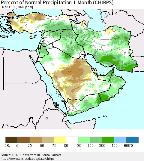 Middle East and Turkey Percent of Normal Precipitation 1-Month (CHIRPS) Thematic Map For 3/1/2020 - 3/31/2020